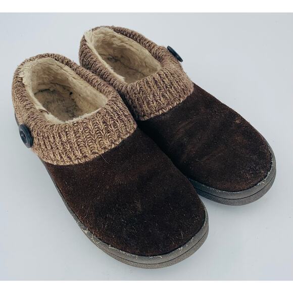 Womens Shoes Size 9 Flats Brown Slippers Leather Clogs Sweater Collar Button - Picture 10 of 10